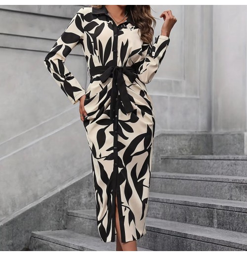 New Vacation Printed Button Up Long Sleeved Dress With Belt And Elegant women's Dresses