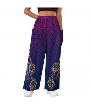 New Polynesian-Inspired Women's Plus Size Wide Leg Cargo Trousers with Pocket