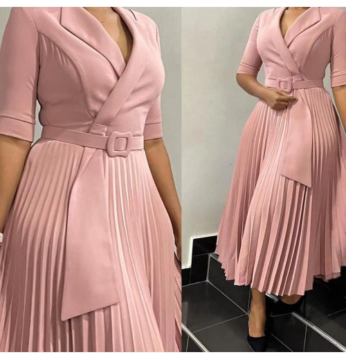 2024 European American New Fashion Style Solid Color Seven Quarter Sleeve Pleated Waist Plus Plus Size Women's Dress