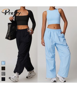 2024 Breathable Street Style Cargo Pants Women's Streetwear Draw Rope Design Casual Multi-pocket Running Loose Fitness Pants