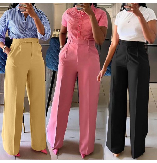 GX6012 New Trendy Solid Color Elegant Casual Ladies High Waist Wide Leg Trousers Women's Straight Pants